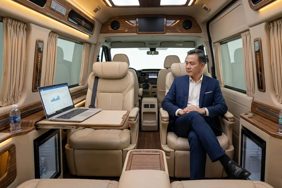 Khách hàng làm việc trong xe Limousine | X7travel